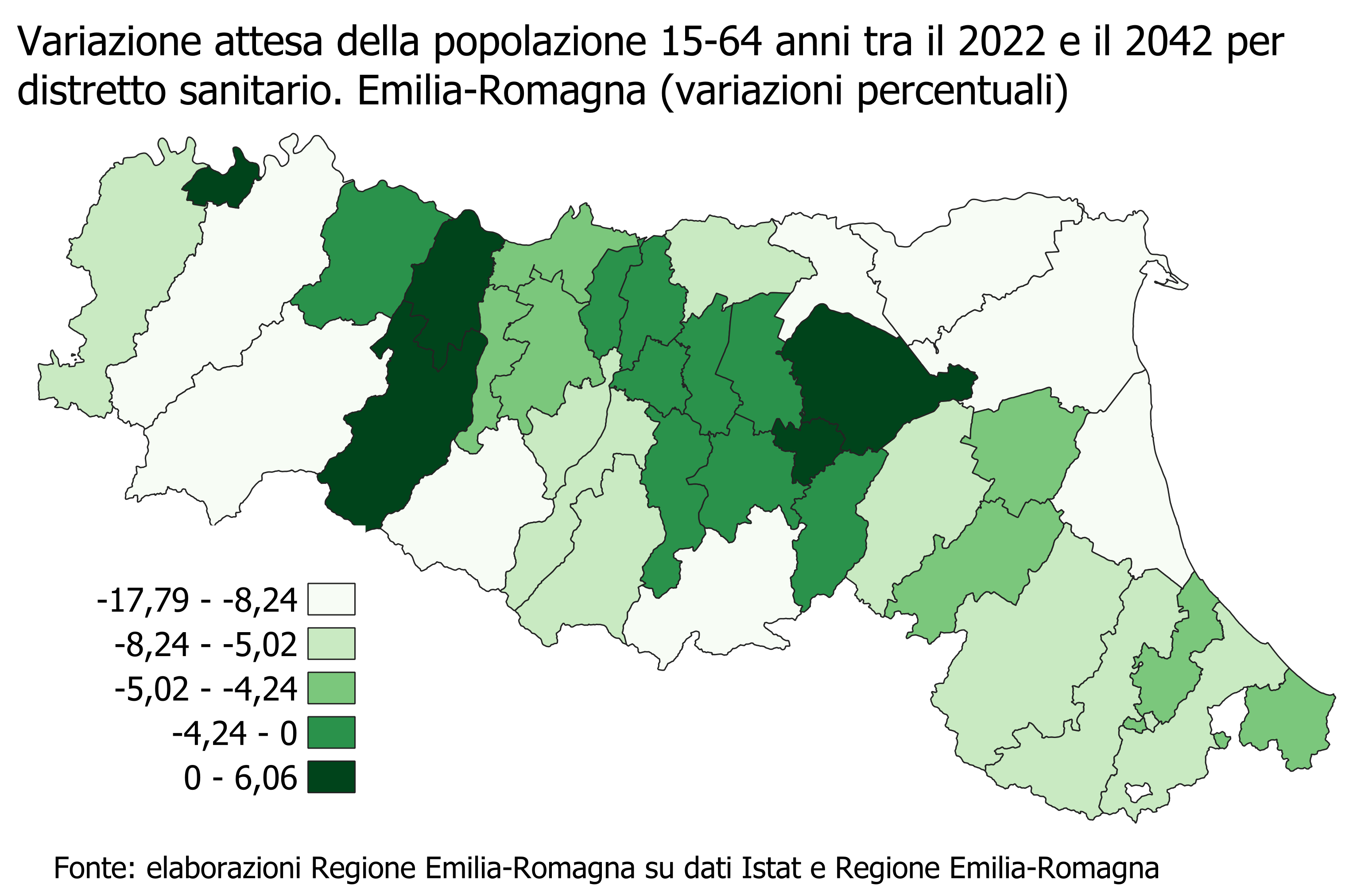 Mappa: Variazione attesa della popolazione 15-64 anni tra il 2022 e il 2042 per distretto sanitario. Emilia-Romagna (proiezione scenario di riferimento, valori percentuali). I dati rappresentati nella mappa sono tutti riportati nei file di dati aperti allegati alla rappresentazione grafica interattiva linkata a fondo pagina. Nel testo della news è descritto l'andamento generale del fenomeno.