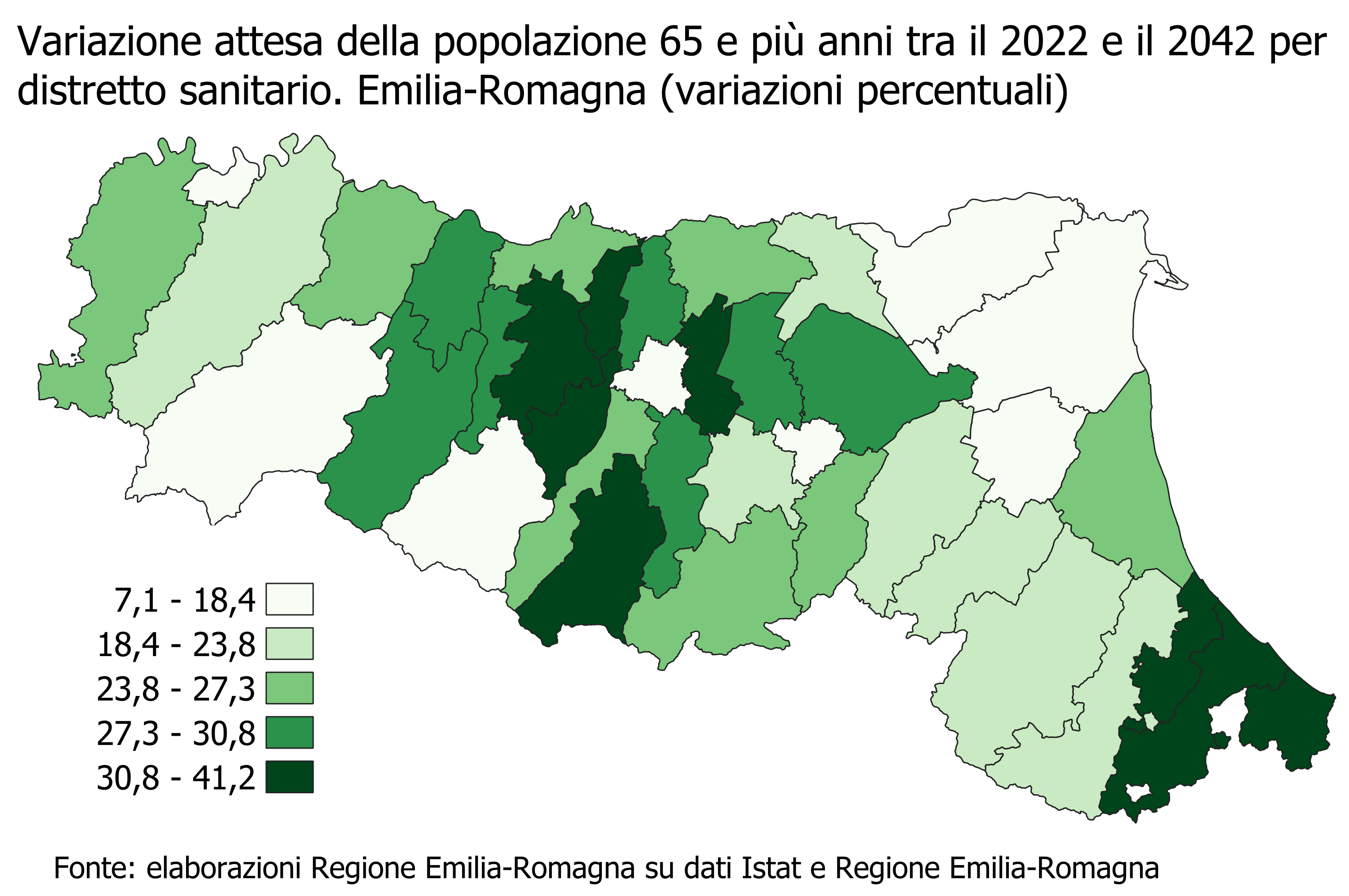 Mappa: Variazione attesa della popolazione 65 e più anni tra il 2022 e il 2042 per distretto sanitario. Emilia-Romagna (proiezione scenario di riferimento, valori percentuali). I dati rappresentati nella mappa sono tutti riportati nei file di dati aperti allegati alla rappresentazione grafica interattiva linkata a fondo pagina. Nel testo della news è descritto l'andamento generale del fenomeno.