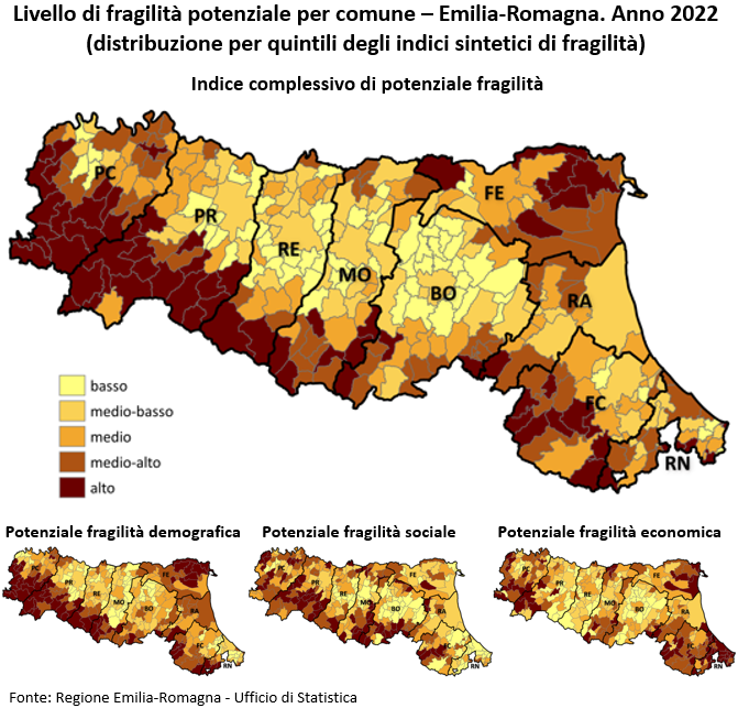 Mappa: Livello di fragilità potenziale per comune – Emilia-Romagna. Anno 2022 (distribuzione per quintili degli indici sintetici di fragilità). Nel testo della news è descritto l'andamento generale del fenomeno.