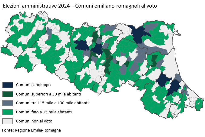 Mappa: Elezioni amministrative 2024 – Comuni emiliano-romagnoli al voto. I dati rappresentati nella mappa sono tutti riportati nella tabella allegata in foglio elettronico. Nel testo della news è descritto l'andamento generale del fenomeno.