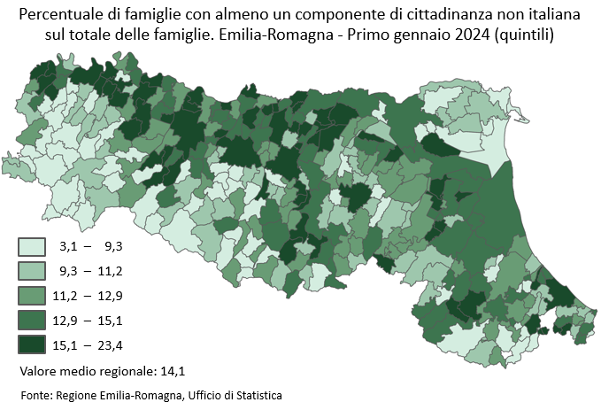 Mappa: Percentuale di famiglie con almeno un componente di cittadinanza non italiana sul totale delle famiglie. Emilia-Romagna - Primo gennaio 2024 (quintili). Nel testo della news è descritto l'andamento generale del fenomeno. I dati rappresentati nella mappa sono tutti estraibili dal servizio Statistica self-service, area popolazione, famiglie, linkato nel testo della news.