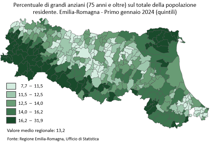 Mappa: Percentuale di grandi anziani (75 anni e oltre) sul totale della popolazione residente. Emilia-Romagna - Primo gennaio 2024 (quintili). Nel testo della news è descritto l'andamento generale del fenomeno. I dati rappresentati nella mappa sono tutti estraibili dal servizio Statistica self-service, area popolazione, famiglie, linkato nel testo della news.