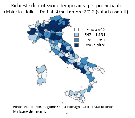 Mappa: Richieste di protezione temporanea per provincia di richiesta. Italia - Dati al 30 settembre 2022 (valori assoluti). Nel testo della news è descritto l'andamento generale del fenomeno.