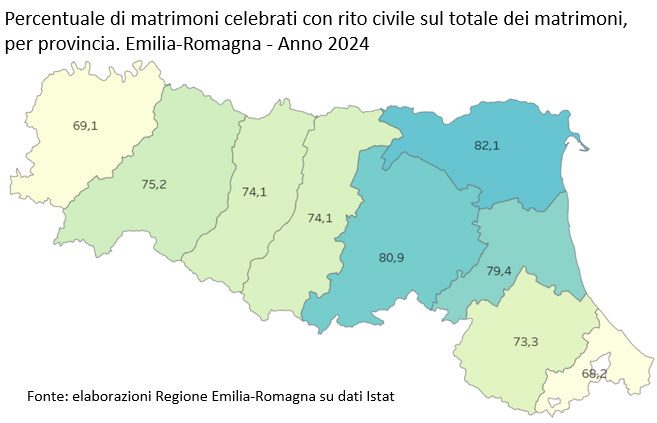 Mappa: Percentuale di matrimoni con rito civile sul totale matrimoni per provincia. Emilia-Romagna - Anno 2024. I dati rappresentati nella mappa sono tutti riportati nella tabella allegata in foglio elettronico (Dati Matrimoni per rito e provincia. Emilia-Romagna - Anno 2024). Nel testo della news è descritto l'andamento generale del fenomeno.