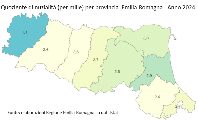Mappa: Quozienti di nuzialità per provincia. Emilia-Romagna - Anno 2024. I dati rappresentati nella mappa sono tutti riportati nella tabella allegata in foglio elettronico (Dati Matrimoni per rito e provincia. Emilia-Romagna - Anno 2024). Nel testo della news è descritto l'andamento generale del fenomeno.