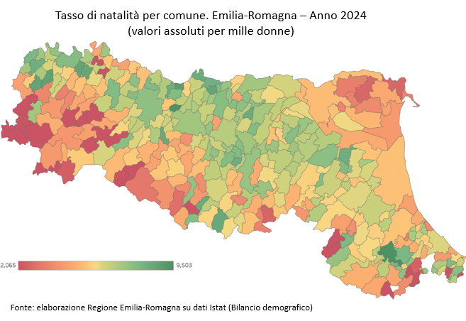 Mappa: Tasso di natalità per comune. Emilia-Romagna - Anno 2024 (valori assoluti per mille donne). I dati rappresentati nella mappa sono reperibili nei servizi di Statistica self service (all'indirizzo https://statistica.regione.emilia-romagna.it/dati/statistica-self-service e linkati a fondo pagina Nati in Emilia-Romagna per caratteristiche dei genitori e del nato). Nel testo della news è descritto l'andamento generale del fenomeno.
