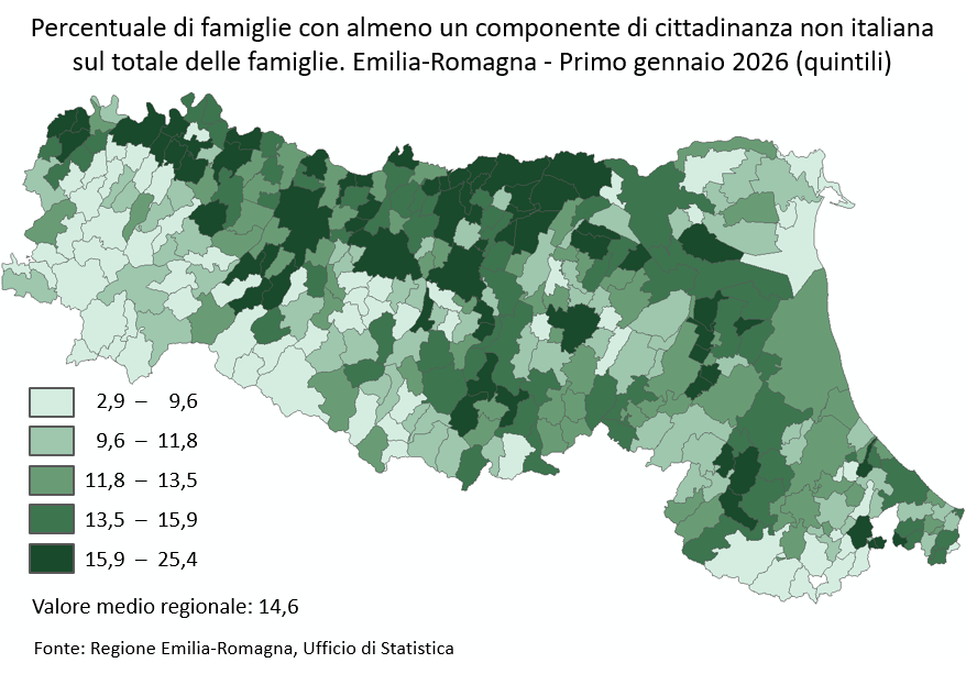 Mappa: Percentuale di famiglie con almeno un componente di cittadinanza non italiana sul totale delle famiglie. Emilia-Romagna - Primo gennaio 2026 (quintili). Nel testo della news è descritto l'andamento generale del fenomeno. I dati rappresentati nella mappa sono estraibili dai servizi linkati nel testo della news.