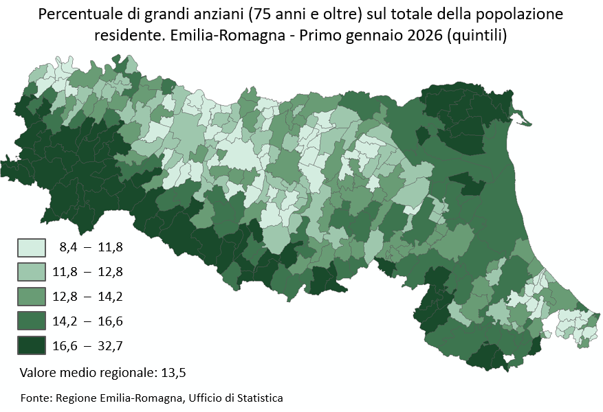 Mappa: Percentuale di grandi anziani (75 anni e oltre) sul totale della popolazione residente. Emilia-Romagna - Primo gennaio 2026 (quintili). Nel testo della news è descritto l'andamento generale del fenomeno. I dati rappresentati nella mappa sono estraibili dai servizi linkati nel testo della news.